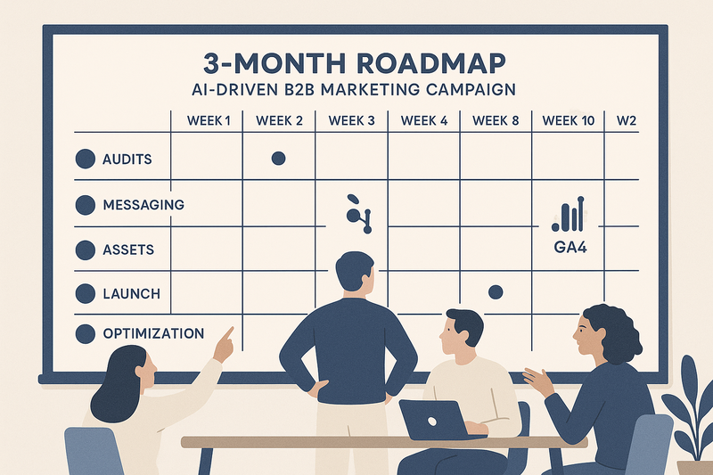 A 3month roadmap board for an AIdriven B2B marketing campaign weeks labeled milestones audits messaging assets launch optimization HubSpot and GA4 icons crossfunctional team collaborating Minimal Scandinavian design deep blue accents 32 aspect ratio-1-1