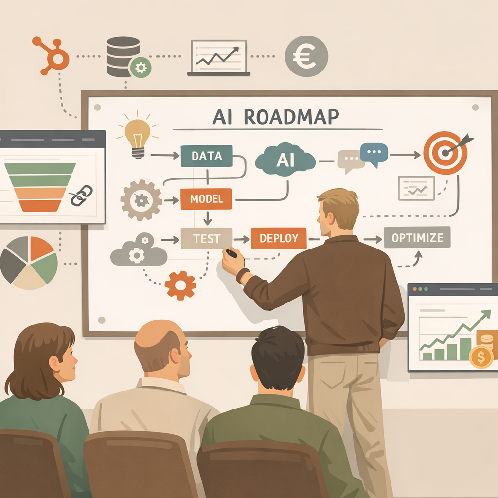 Clean Scandinavian illustration of a Finnish digital strategist drawing an AI roadmap on a big wall board connected to HubSpot dashboards and data ico