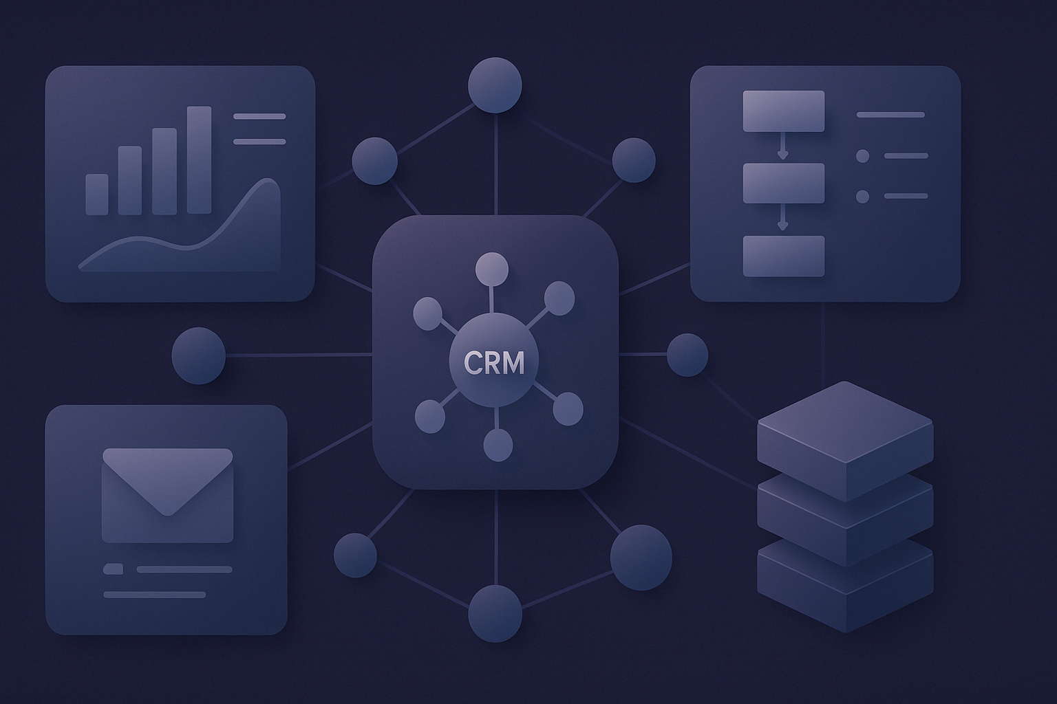 Create a wide 21 blog header illustration for a B2B digital strategy articleThe image shows a central abstract CRM data hub with connected nodes and r-2