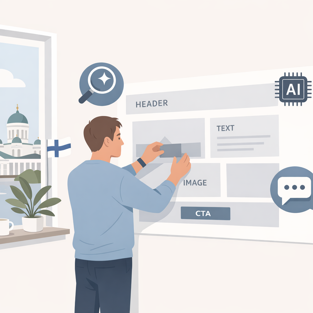 Minimalist Scandinavian illustration of a Finnish digital strategist adjusting blocks on a B2B website wireframe with AI search and chat assistant ico