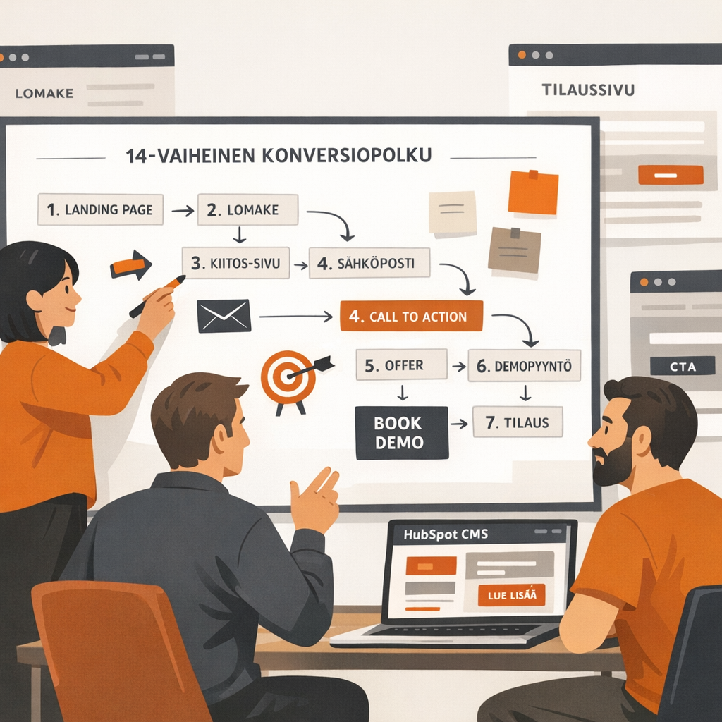 Minimalistinen skandinaavinen kuvitus jossa suomalainen B2Byrityksen tiimi suunnittelee HubSpotverkkosivuston 14vaiheista konversiopolkua isolla valko