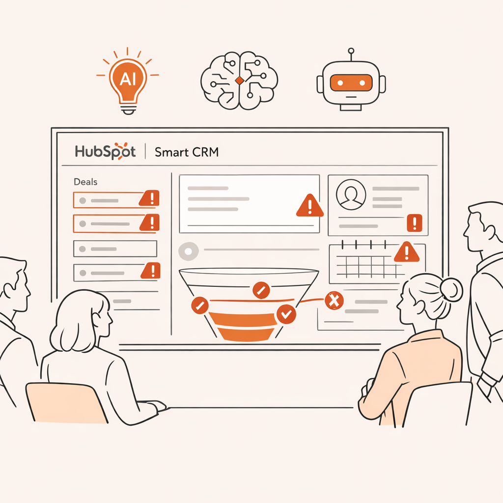 Minimalistinen skandinaavinen viivapiirros suomalaisesta B2Bjohtoryhmst katsomassa suurta nytt jossa nkyy HubSpotin Smart CRM nkym AIikoneita ja punai