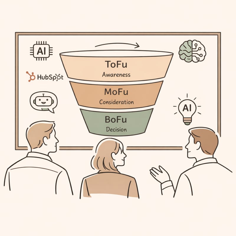 Minimalistinen skandinaavinen viivapiirros suomalaisesta B2Bmarkkinointi ja myyntitiimist katsomassa isoa ruutua jossa nkyy digitaalinen ostopolku Hub