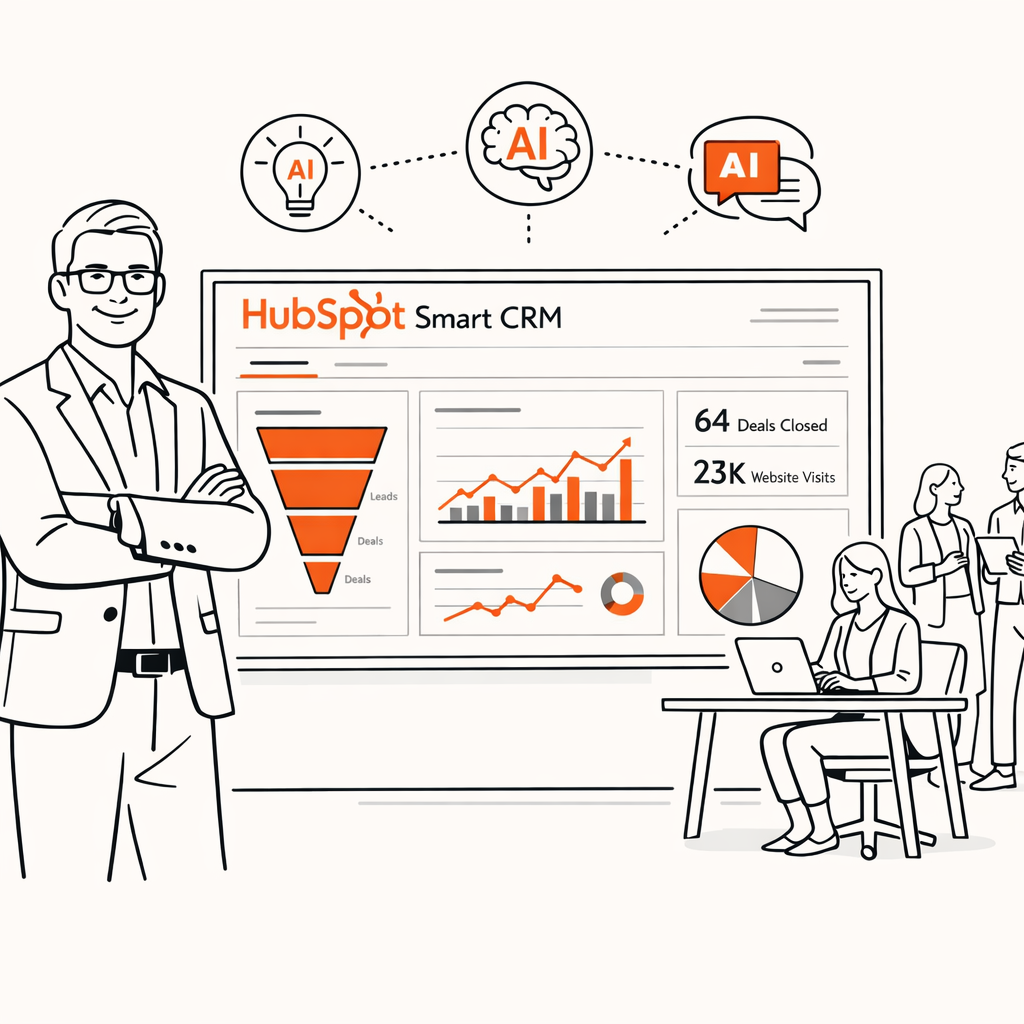 Minimalistinen skandinaavinen viivapiirros suomalaisesta digistrategista seisomassa suuren nytn edess jossa nkyy HubSpot Smart CRM dashboard ja AIikon