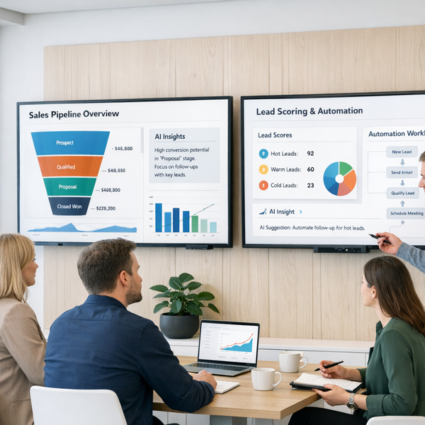 Modern Finnish B2B office team reviewing HubSpot dashboards with AI insights