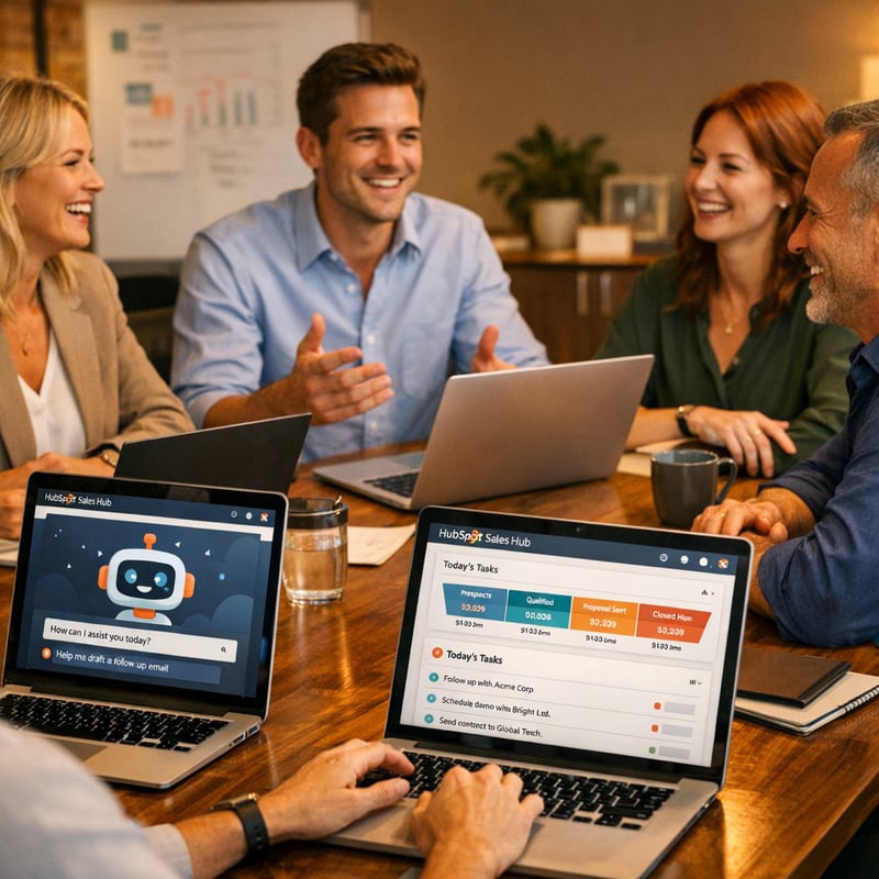 Myyntitiimi neuvotteluhuoneessa pydll lpprit joissa HubSpot Sales Hub tekolyassistentin ikoni tehtvlistoja ja myyntiputkikaavioita Energinen fokus myy