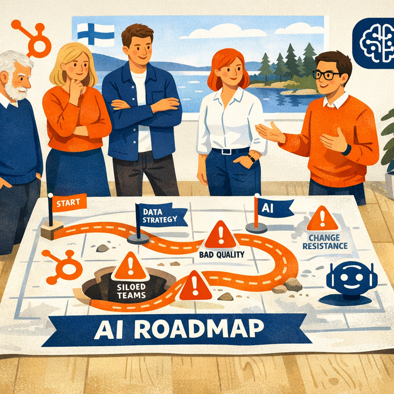 Scandinavian style illustration of a Finnish leadership team and AI consultant standing around a roadmap on the floor labeled AI Roadmap with clear mi-1