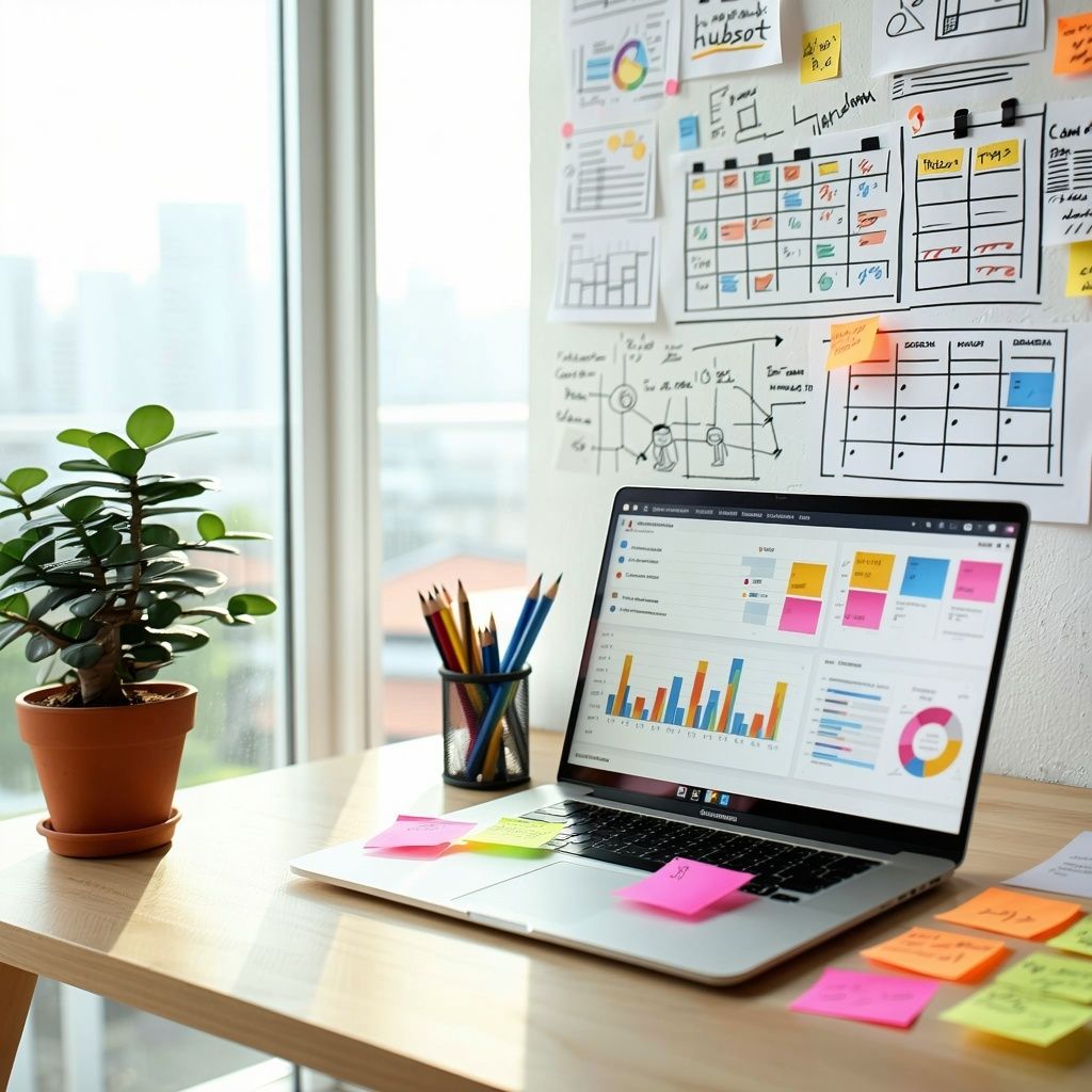 The image features a sleek modern workspace illuminated by natural light streaming through large windows A minimalist desk made of light wood holds a laptop open to a digital dashboard displaying analytics and graphs Beside the laptop a notepad with