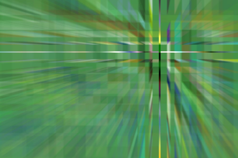 Geometric abstract of an alternate green reality with multicolored cross hairs off center, like a district of office buildings targeted from on high at warp speed