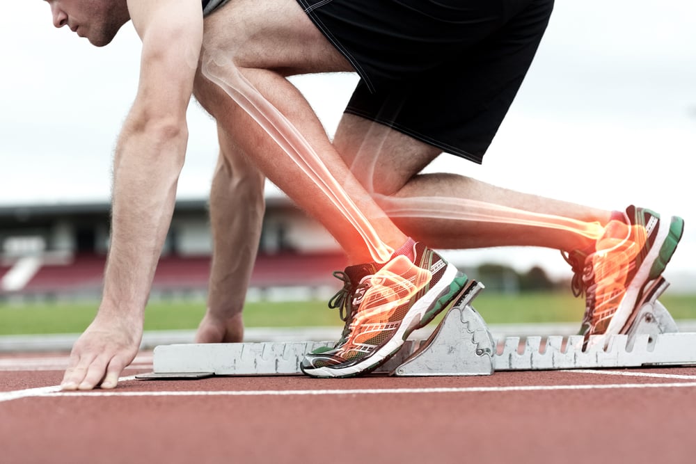 Digital composite of Highlighted bones of man about to race